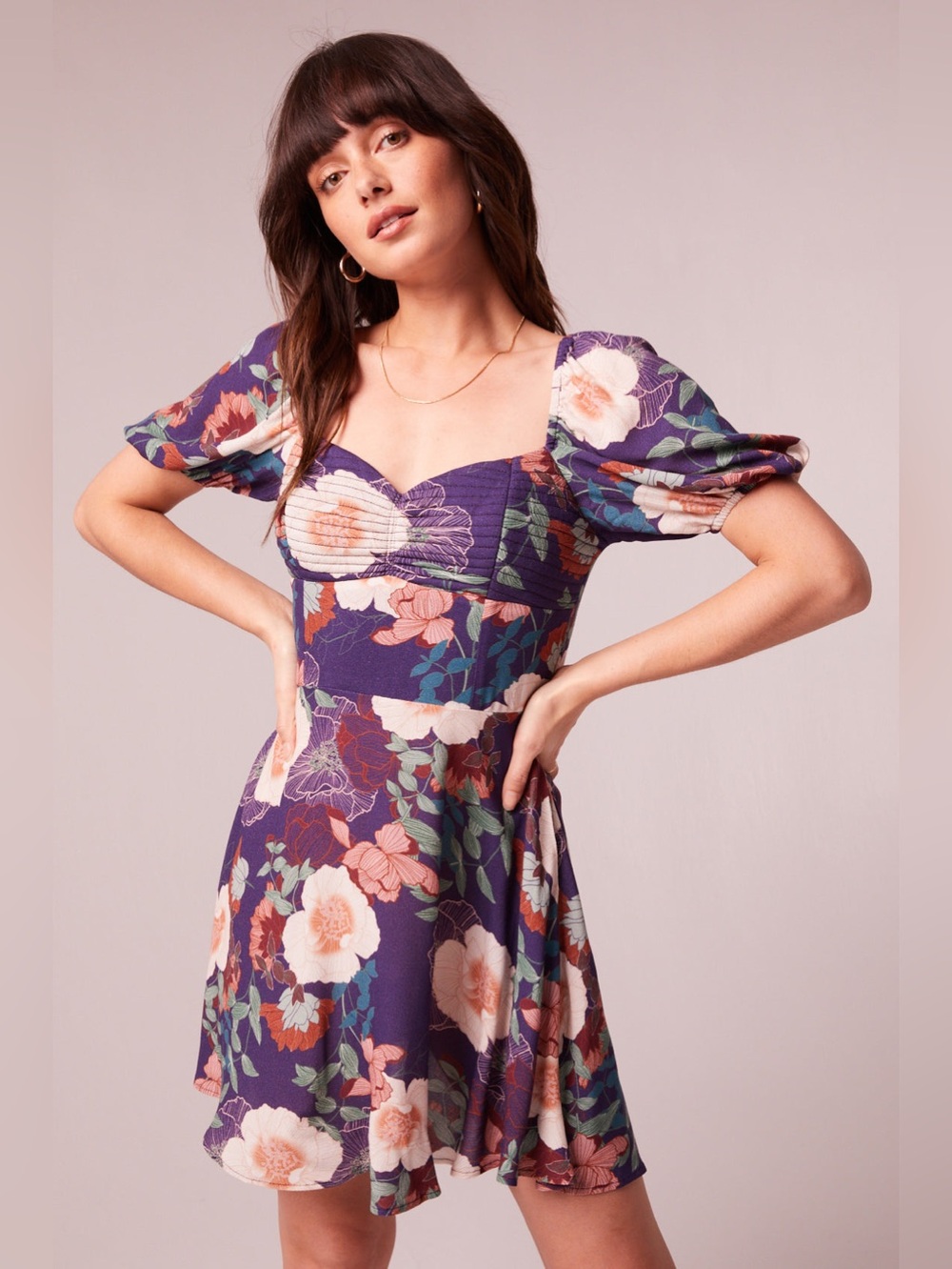 Band of the free AIMEE PURPLE FLORAL PUFF SLEEVE MINI DRESS M NWT